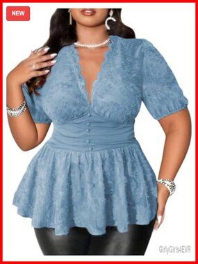 Plus Size Sexy Lace Peplum Top, Sheer Mesh Deep V Neck Short Sleeve Babydoll